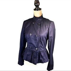 Trina Turk Double Breasted Spring Jacket with Ruffle Hem in Navy